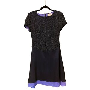 Bieff Basix Vintage 100% Silk Beaded Cocktail Dress Navy Purple Women Size 6